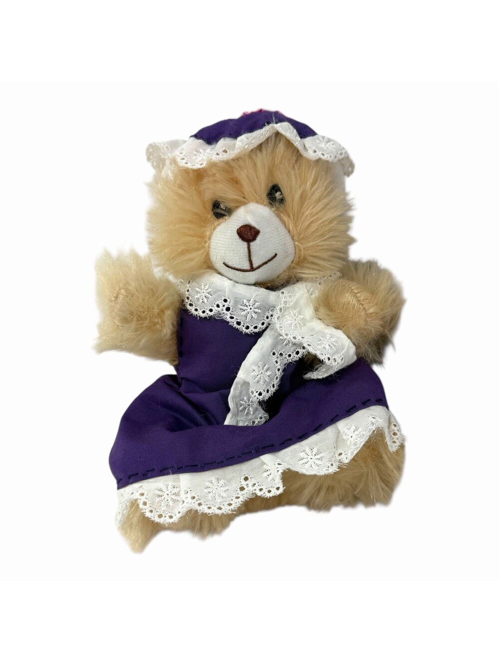 Vintage Plush Teddy Bear in Purple Lace Dress and Bonnet Collectible Small Tan